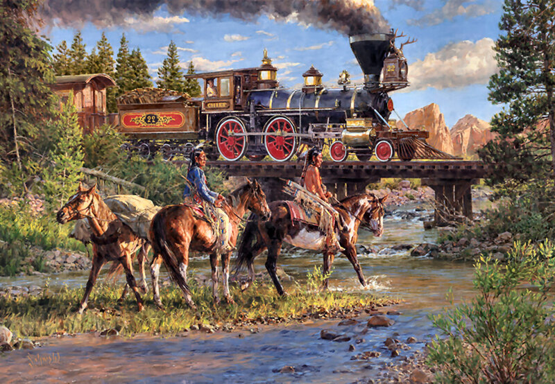 Native American Riders Crossing River — Blue, Dramatic