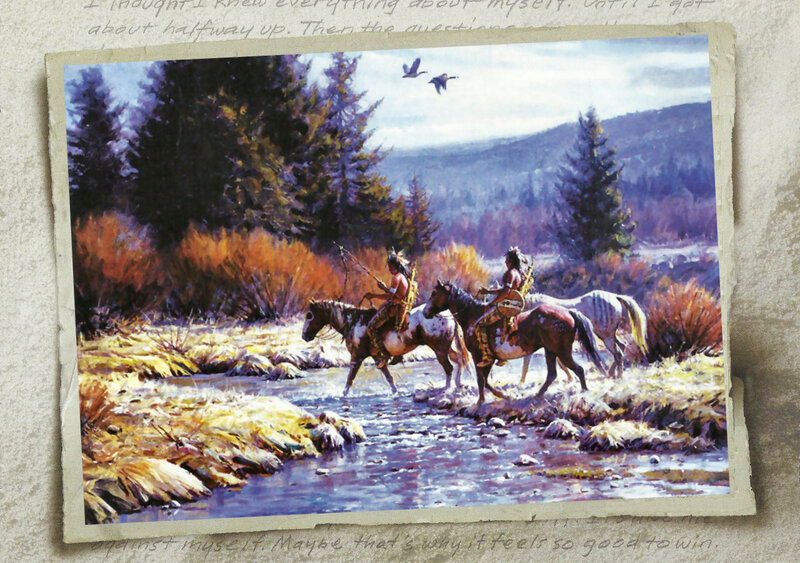 Native American Riders Crossing River — Blue, Serene