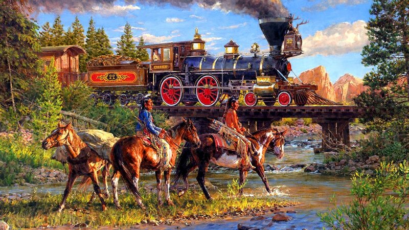 Native American Riders Crossing River — Blue
