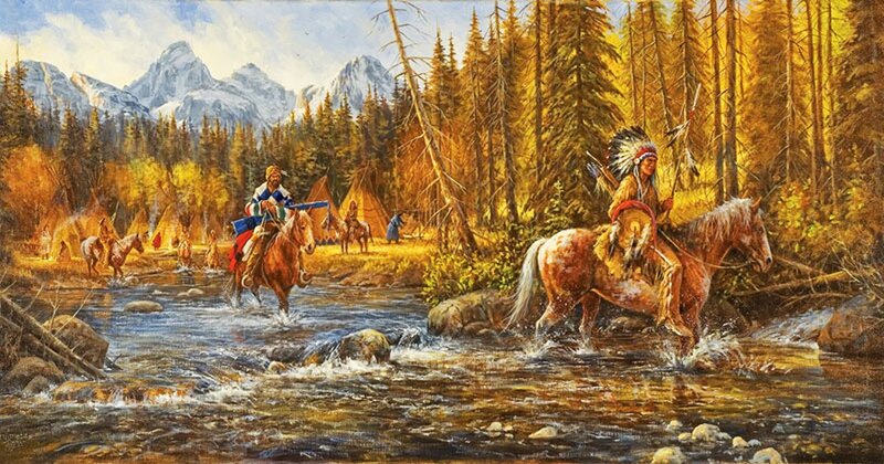 Native American Riders Crossing River — Brown, Dramatic, Afternoon