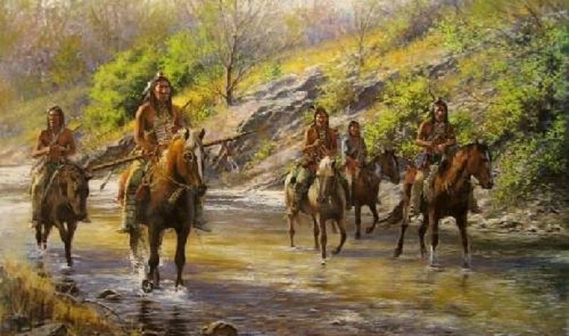 Native American Riders Crossing River — Brown, Dramatic