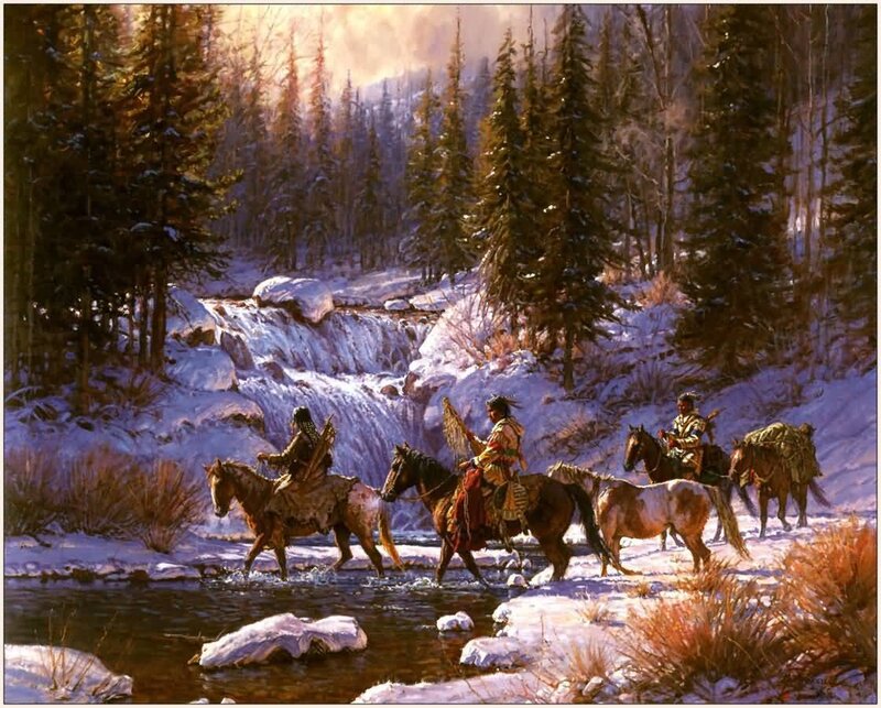Native American Riders Crossing River — Brown