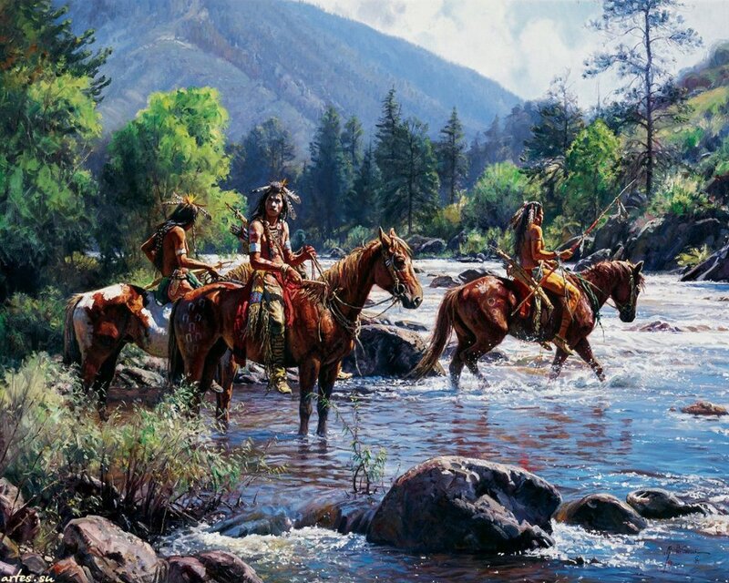 Native American Riders Crossing River — Green