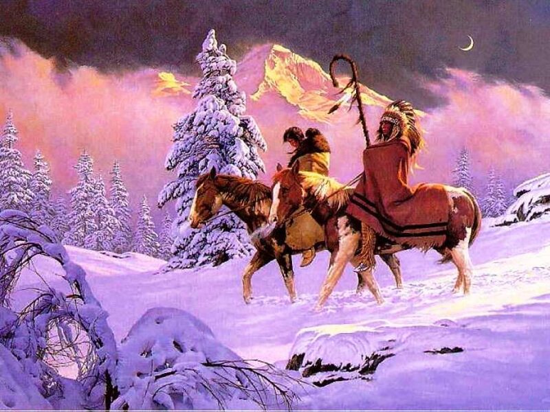 Native American Riders in Snow — Purple