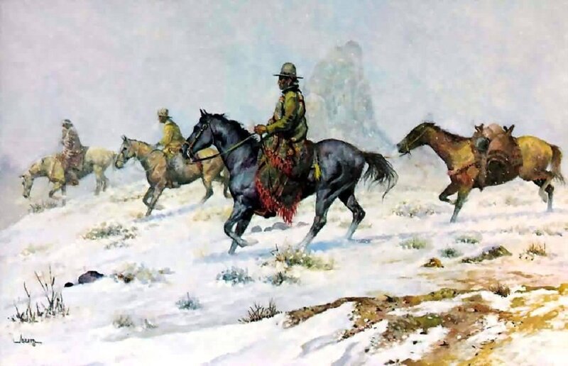 Native American Riders in Snow — White, Cold