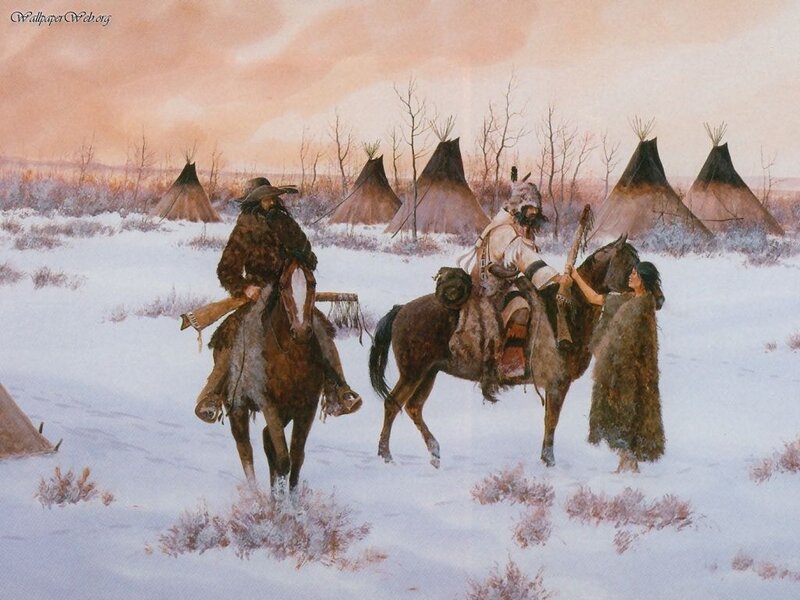 Native American Riders in Snow — White, Dramatic