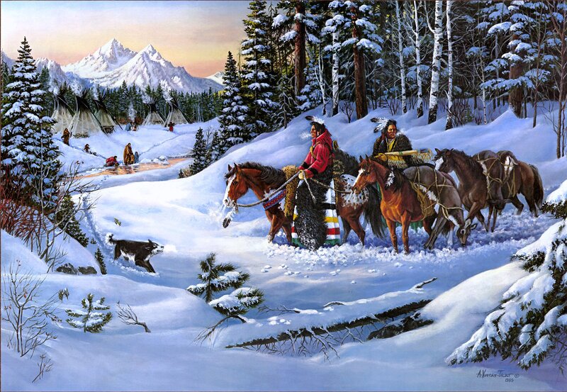 Native American Riders in Snow — White, Serene