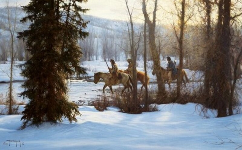 Native American Riders in Snow — White
