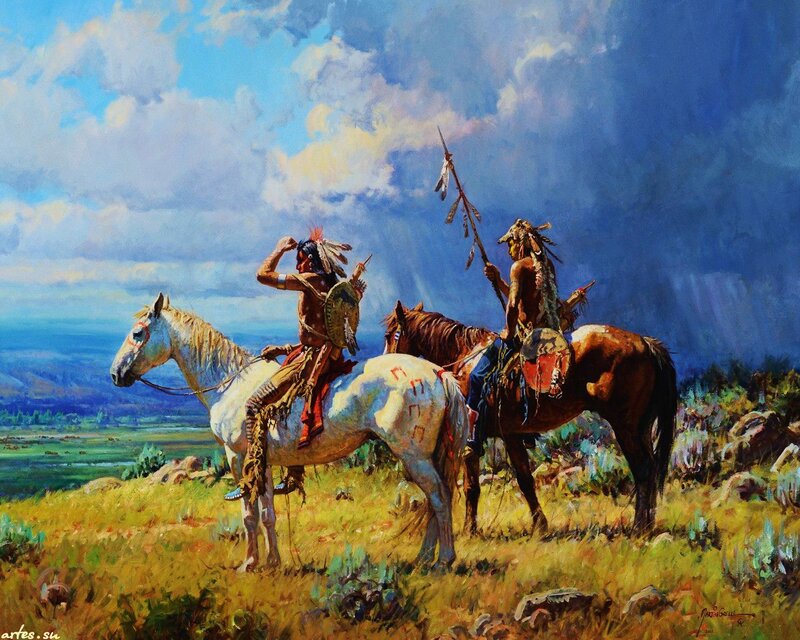 Native American Riders on Horses — Blue, Dramatic