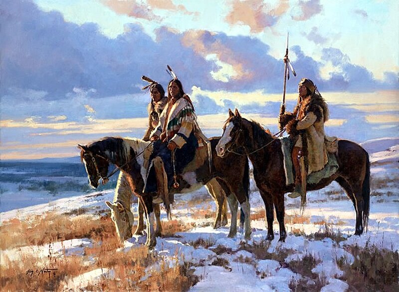 Native American Riders on Horses — Blue, Dramatic, Winter