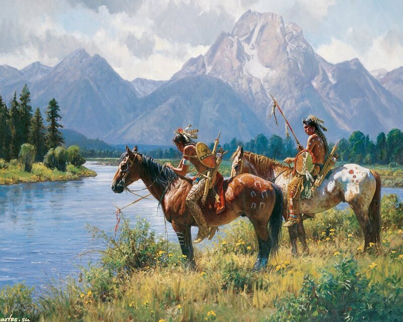 Native American Riders on Horses — Blue, Serene