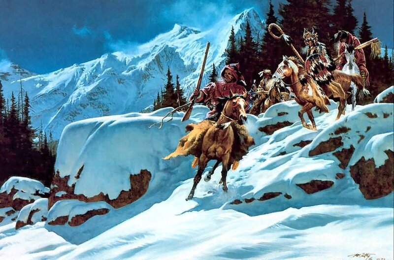 Native American Riders on Horses — Blue