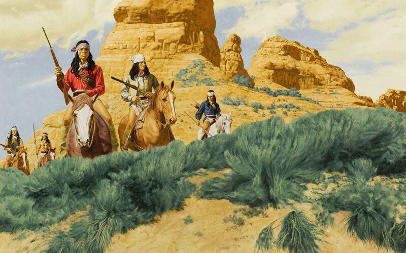 Native American Riders on Horses — Brown, Dramatic, Afternoon, Painting