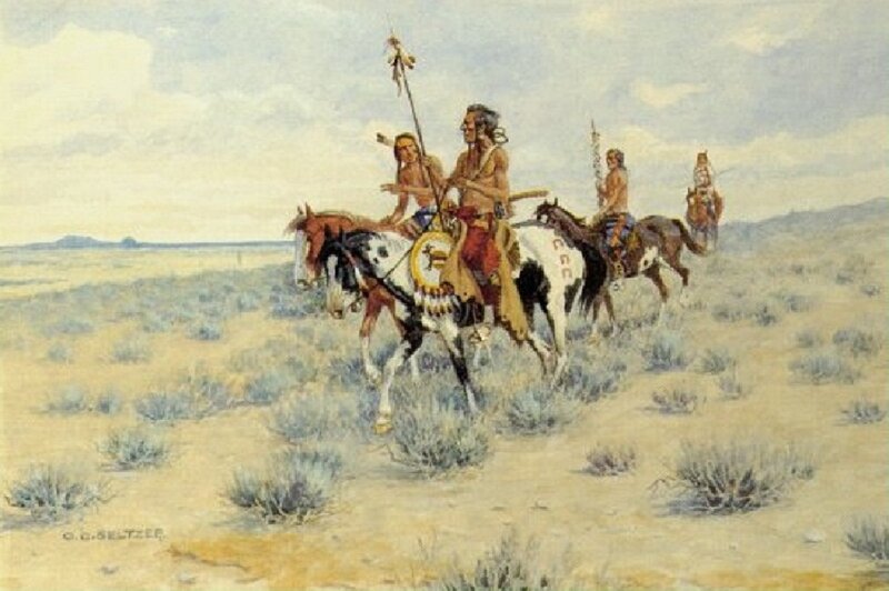 Native American Riders on Horses — Brown, Dramatic, Afternoon