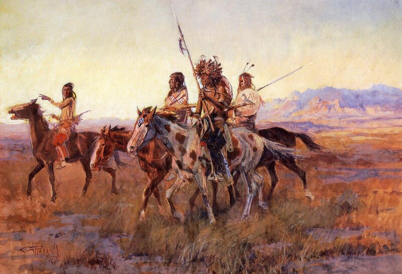 Native American Riders on Horses — Brown, Dramatic, Sunset, Painting, Mountains