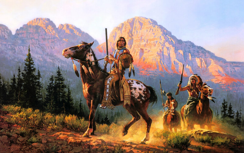 Native American Riders on Horses — Brown, Dramatic, Sunset, Painting