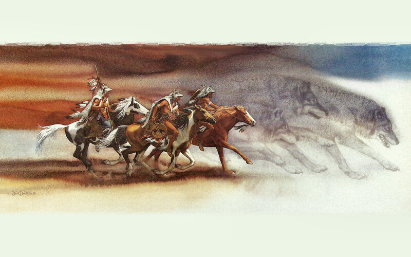 Native American Riders on Horses — Brown, Dramatic