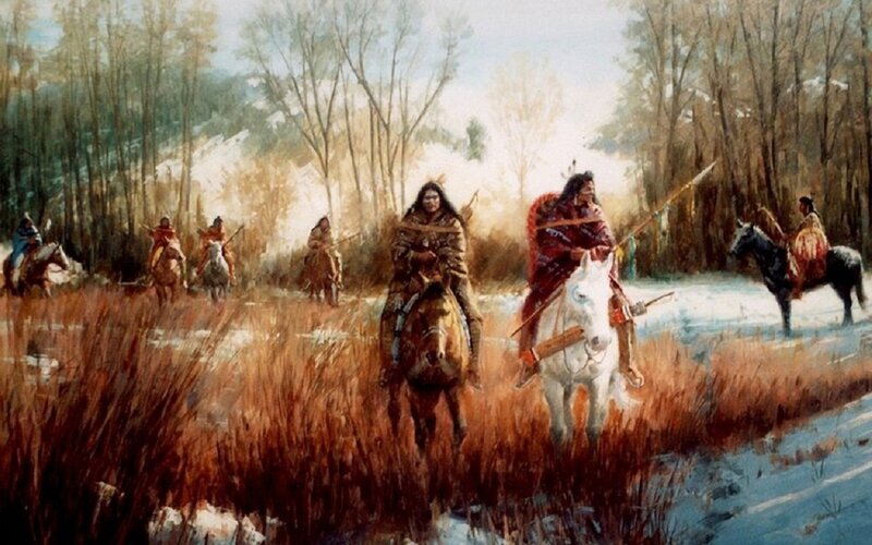 Native American Riders on Horses — Brown, Dramatic, Winter
