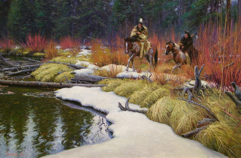 Native American Riders on Horses — Green, Dramatic, Winter