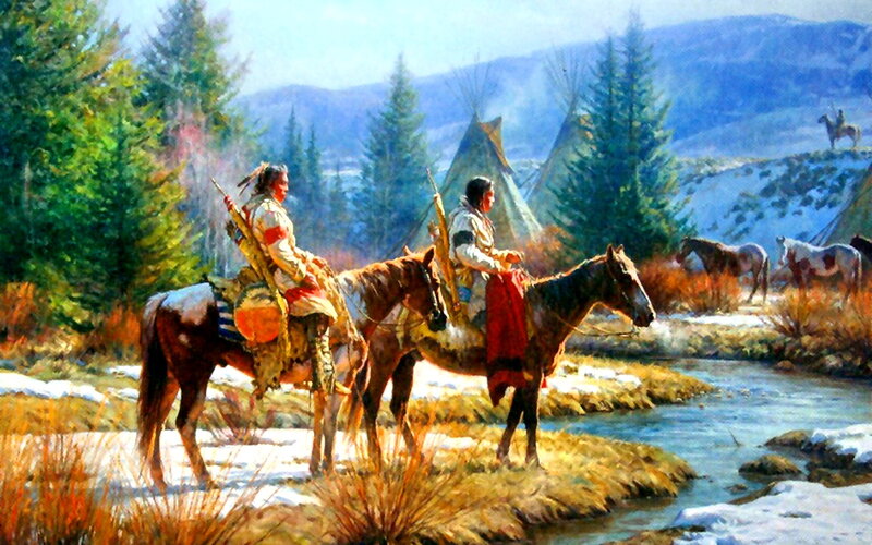 Native American Riders on Horses — Green, Serene