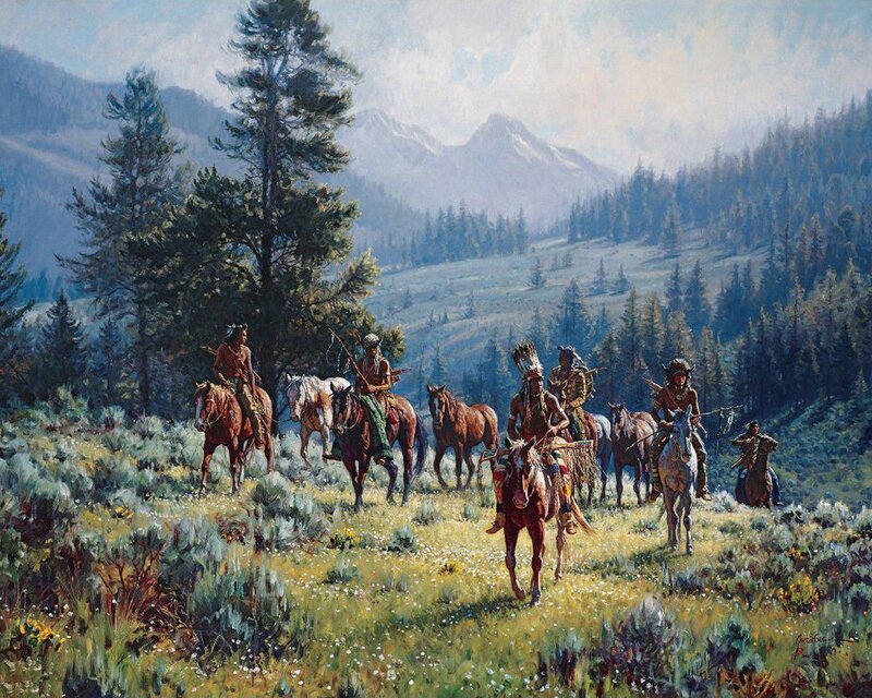 Native American Riders on Horses — Green