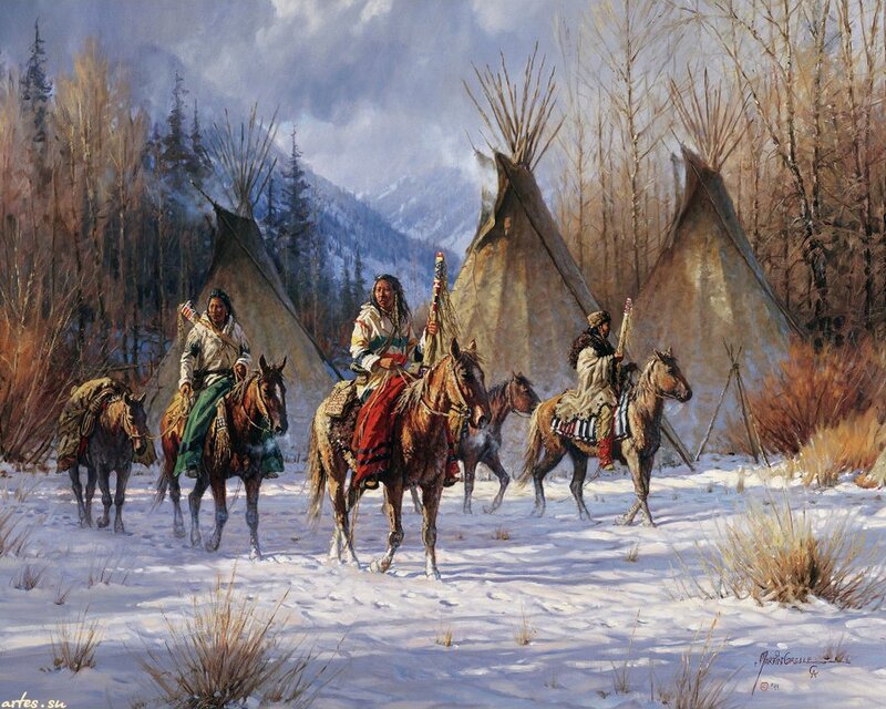 Native American Riders on Horses — White, Dramatic