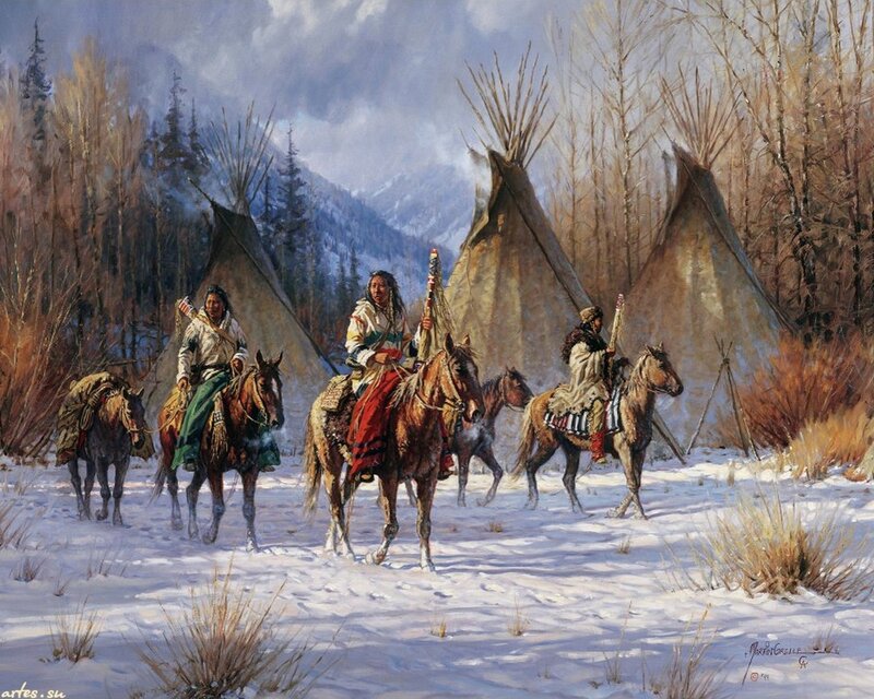 Native American Riders on Horses — White, Dramatic, Winter
