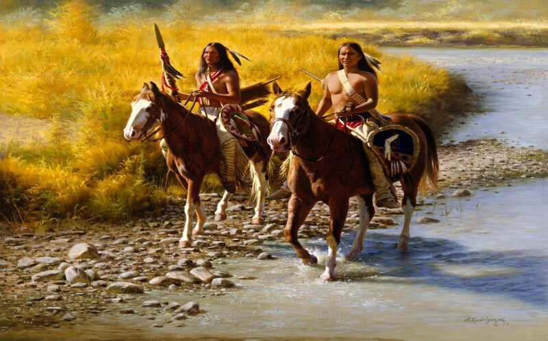 Native American Riders on Horses — Yellow, Dramatic, Afternoon, Painting
