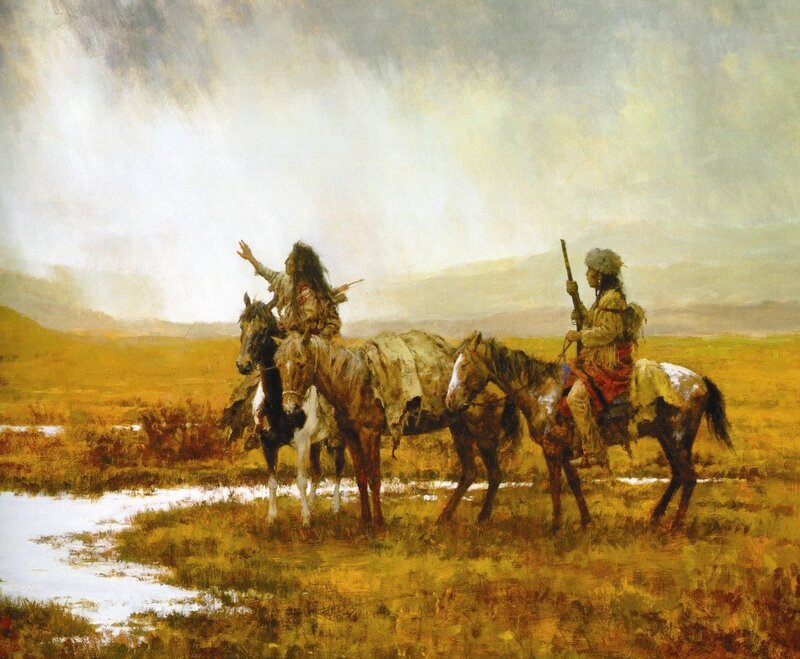 Native American Riders on Horses — Yellow, Dramatic, Afternoon