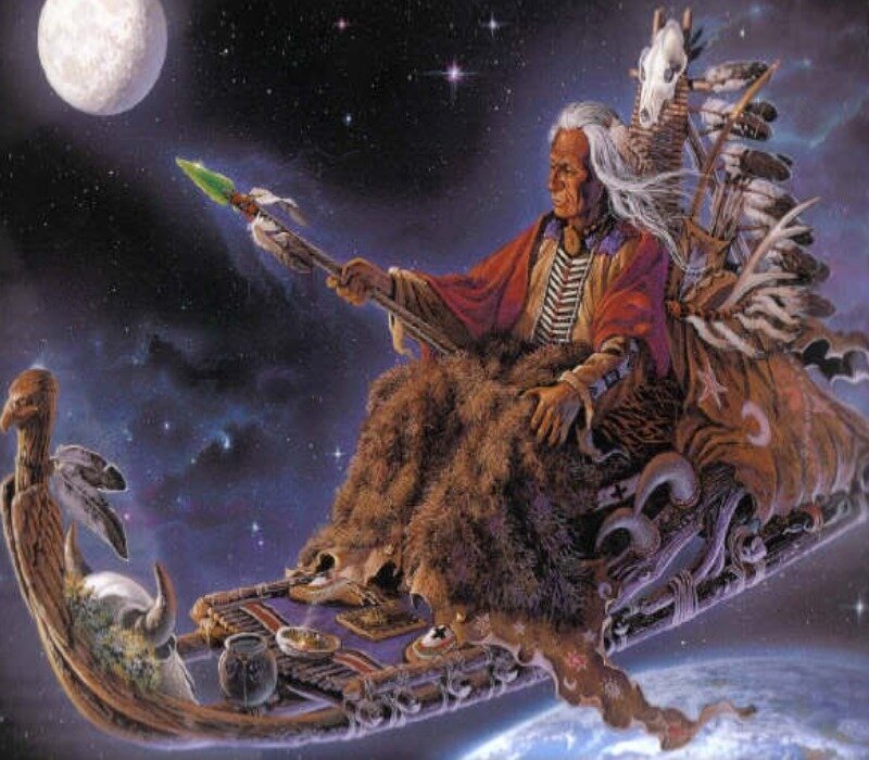 Native American shaman in a flying canoe