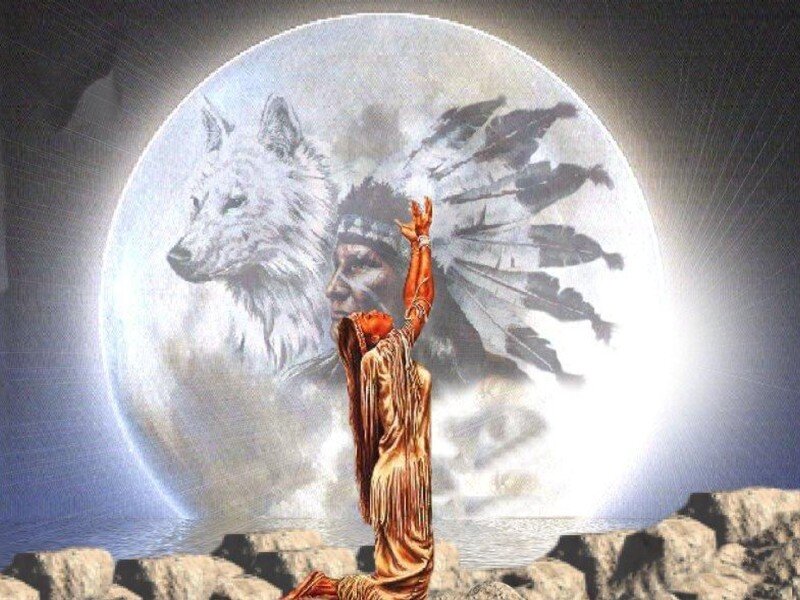 Native American shaman with wolf spirit