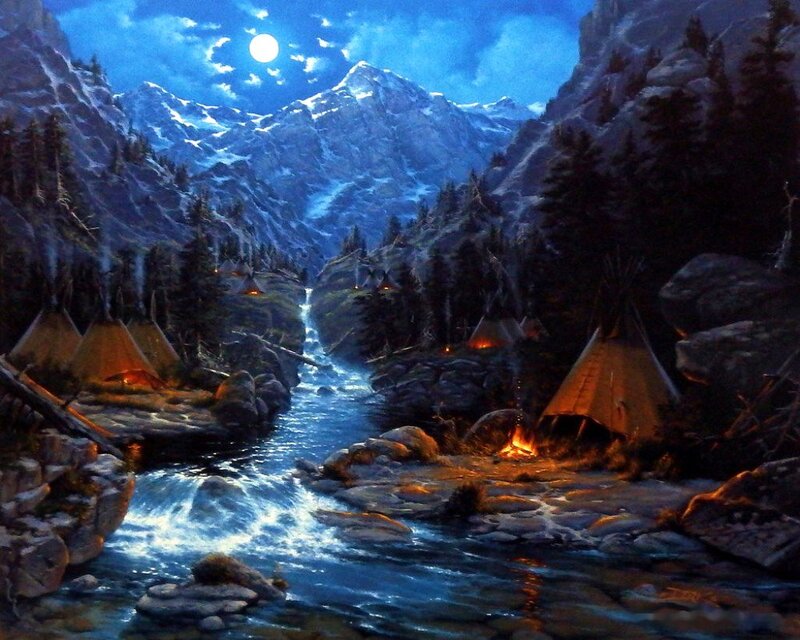 Native American Village — Blue, Serene, Night