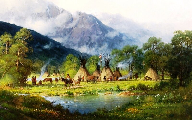 Native American Village — Green, Serene, Afternoon, Painting
