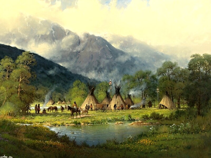 Native American Village — Green, Serene, Afternoon, Painting, Tipis