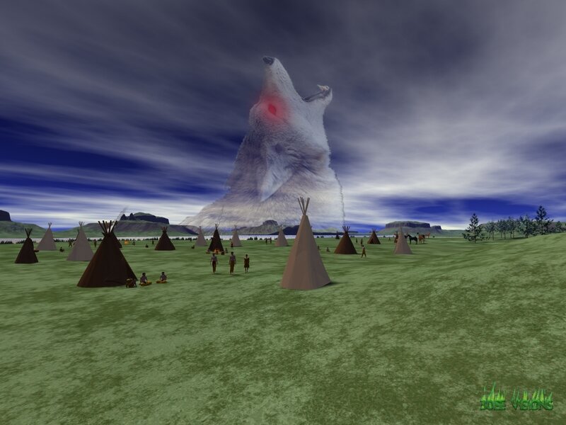 Native American village with giant wolf spirit