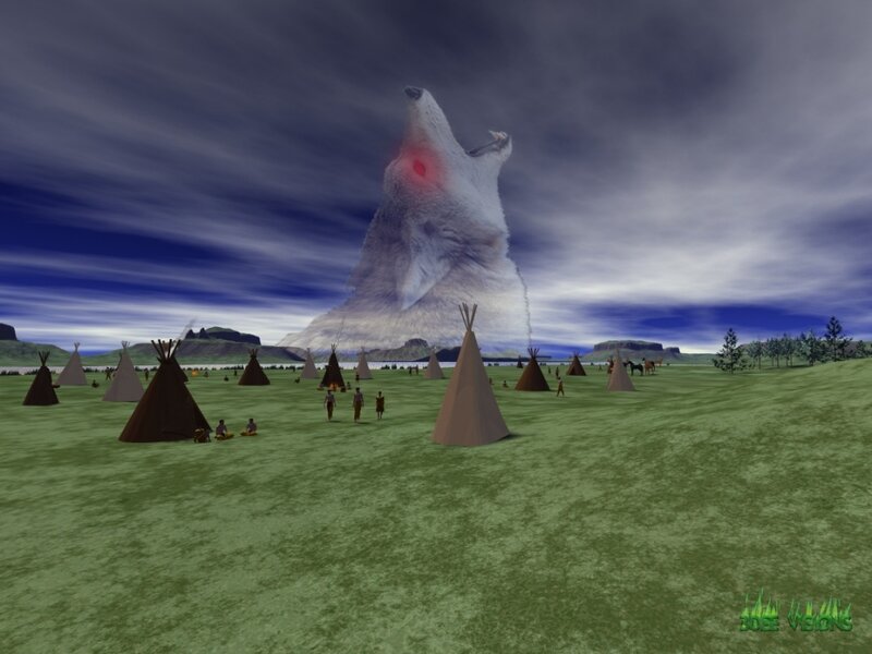 Native American village with giant wolf spirit