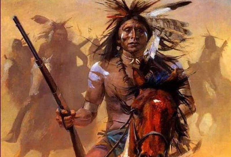 Native American Warrior — Brown, Dramatic, Painting, Horse, Rifle
