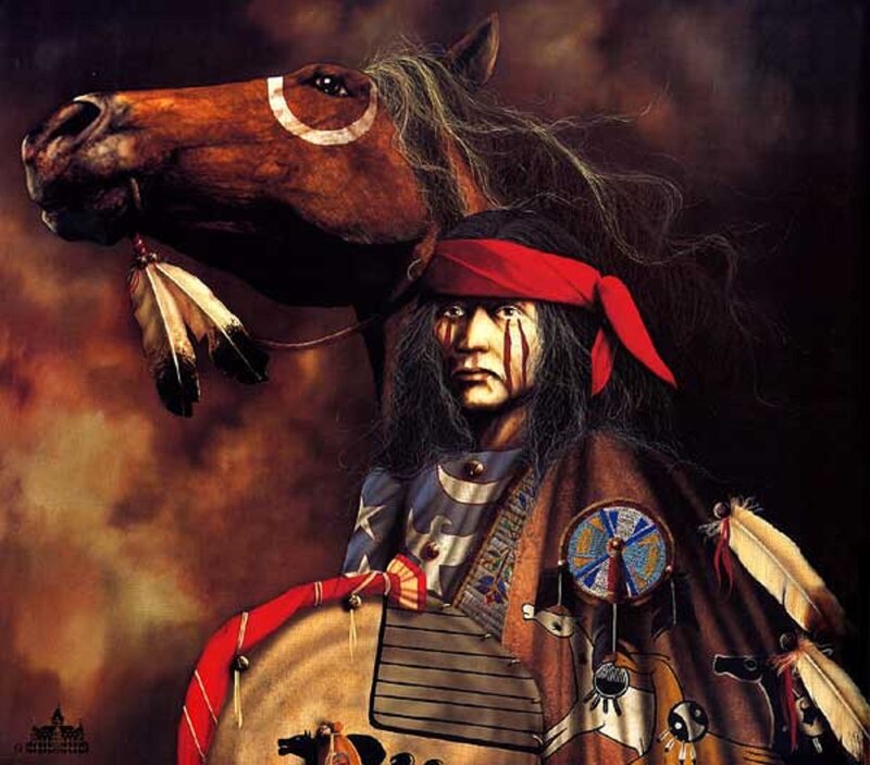 Native American Warrior — Brown, Dramatic, Painting, Horse