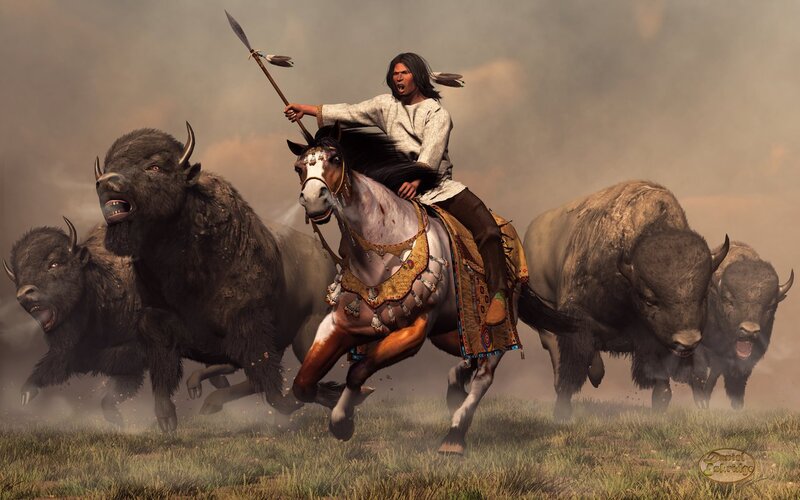 Native American Warrior on Horse — Brown, Dramatic, Digital Art