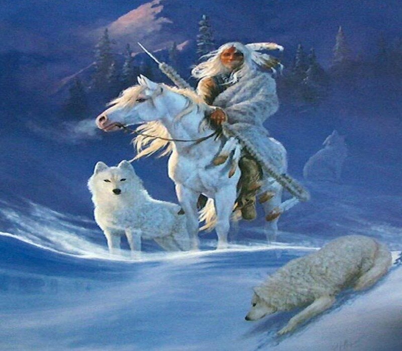 Native American warrior with wolves