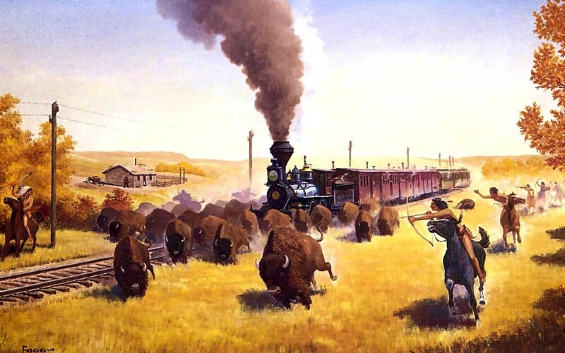 Native American Warriors Attacking Train