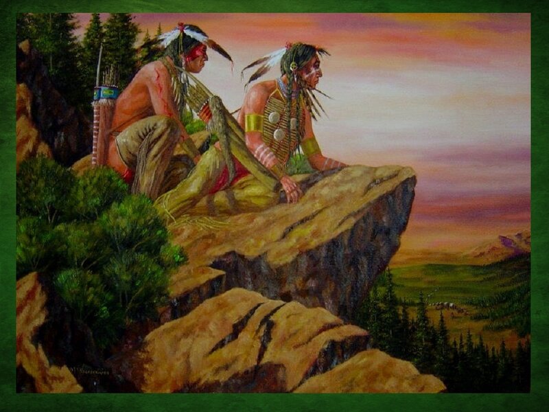 Native American warriors on a cliff