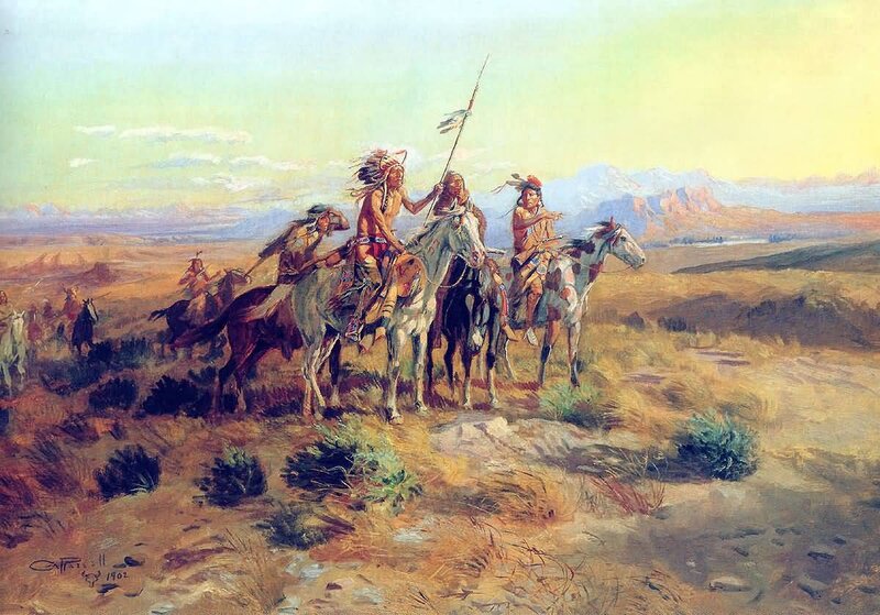 Native American Warriors on Horseback — Brown, Dramatic, Afternoon, Painting, Horses