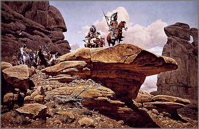 Native American Warriors on Horseback — Brown, Dramatic, Afternoon, Painting