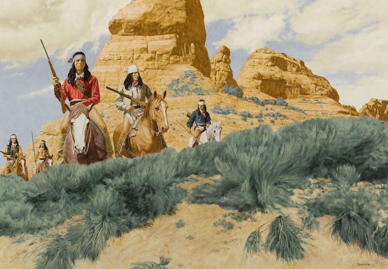 Native American Warriors on Horseback — Brown, Dramatic, Afternoon