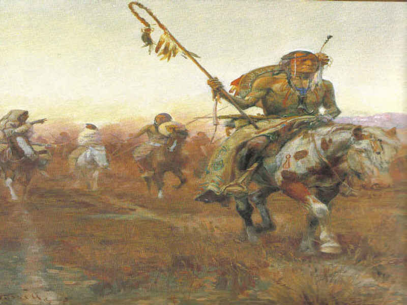 Native American Warriors on Horseback — Brown, Dramatic, Sunrise