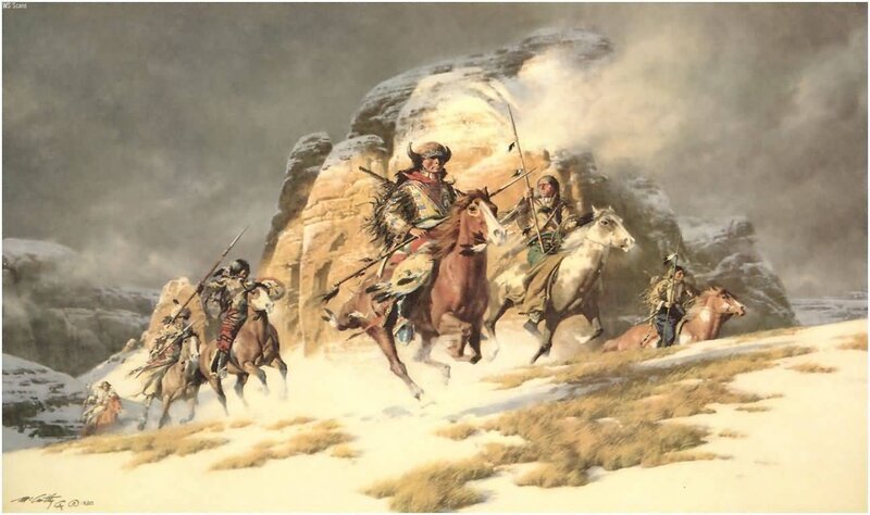 Native American Warriors on Horseback — Brown, Dramatic