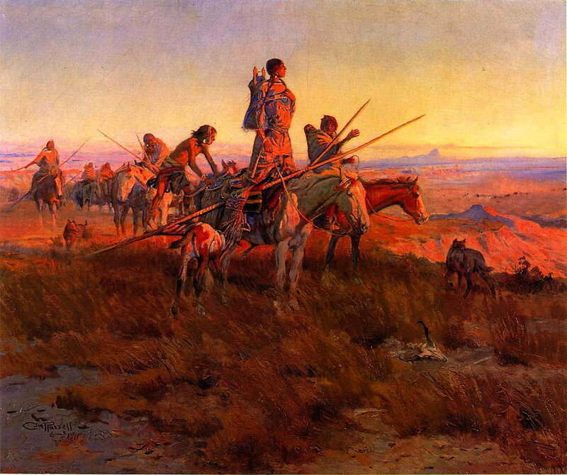 Native American Warriors on Horseback — Orange, Dramatic, Sunset