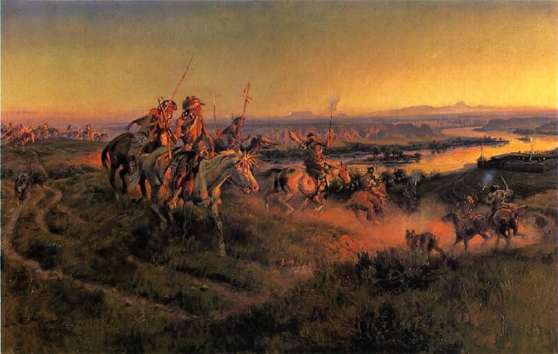 Native American Warriors on Horseback — Orange, Dramatic