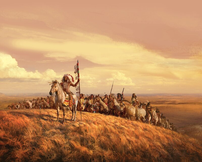 Native American Warriors on Horseback — Orange